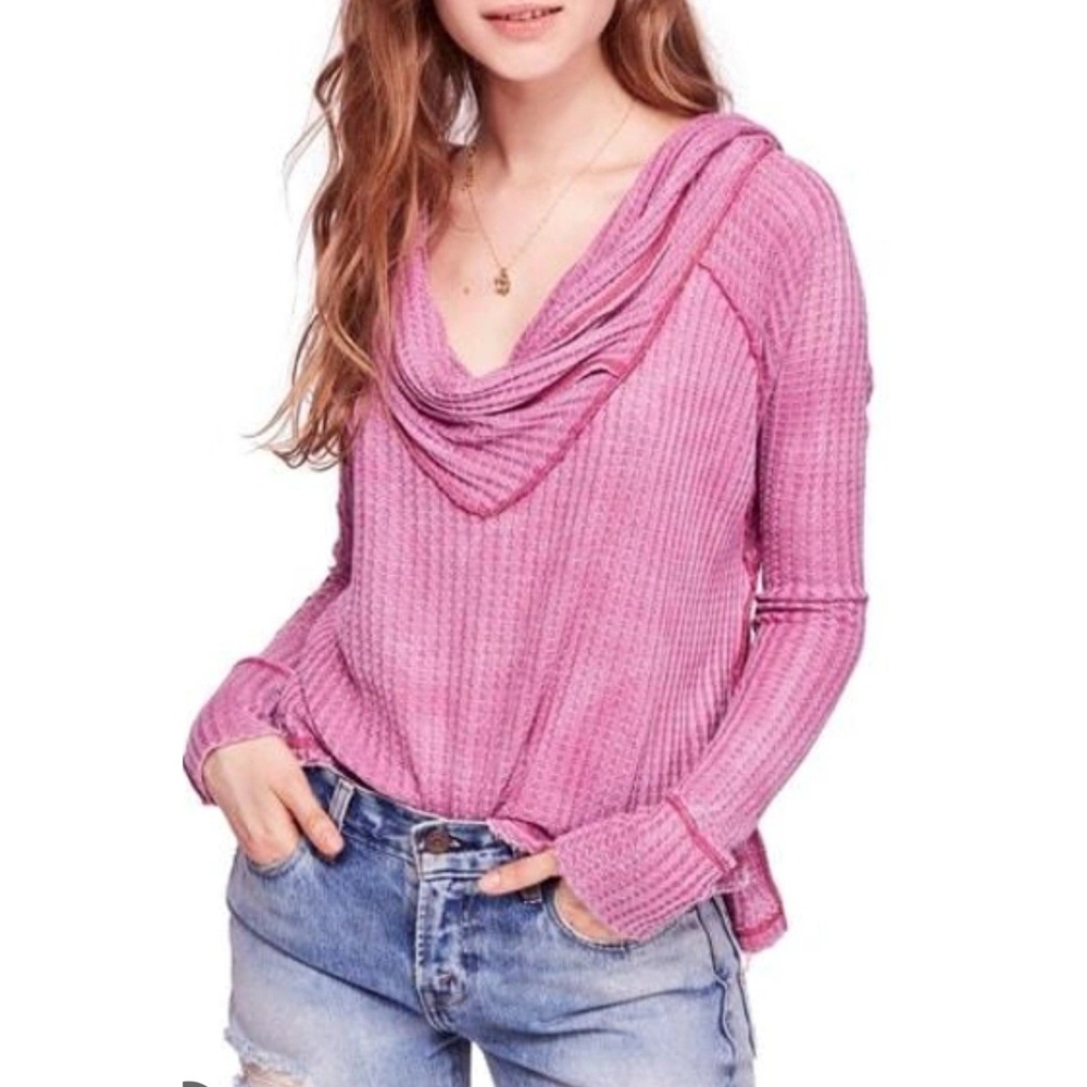 Free People We The Free Wildcat Thermal Top Womens L Purple Waffle Knit Boho